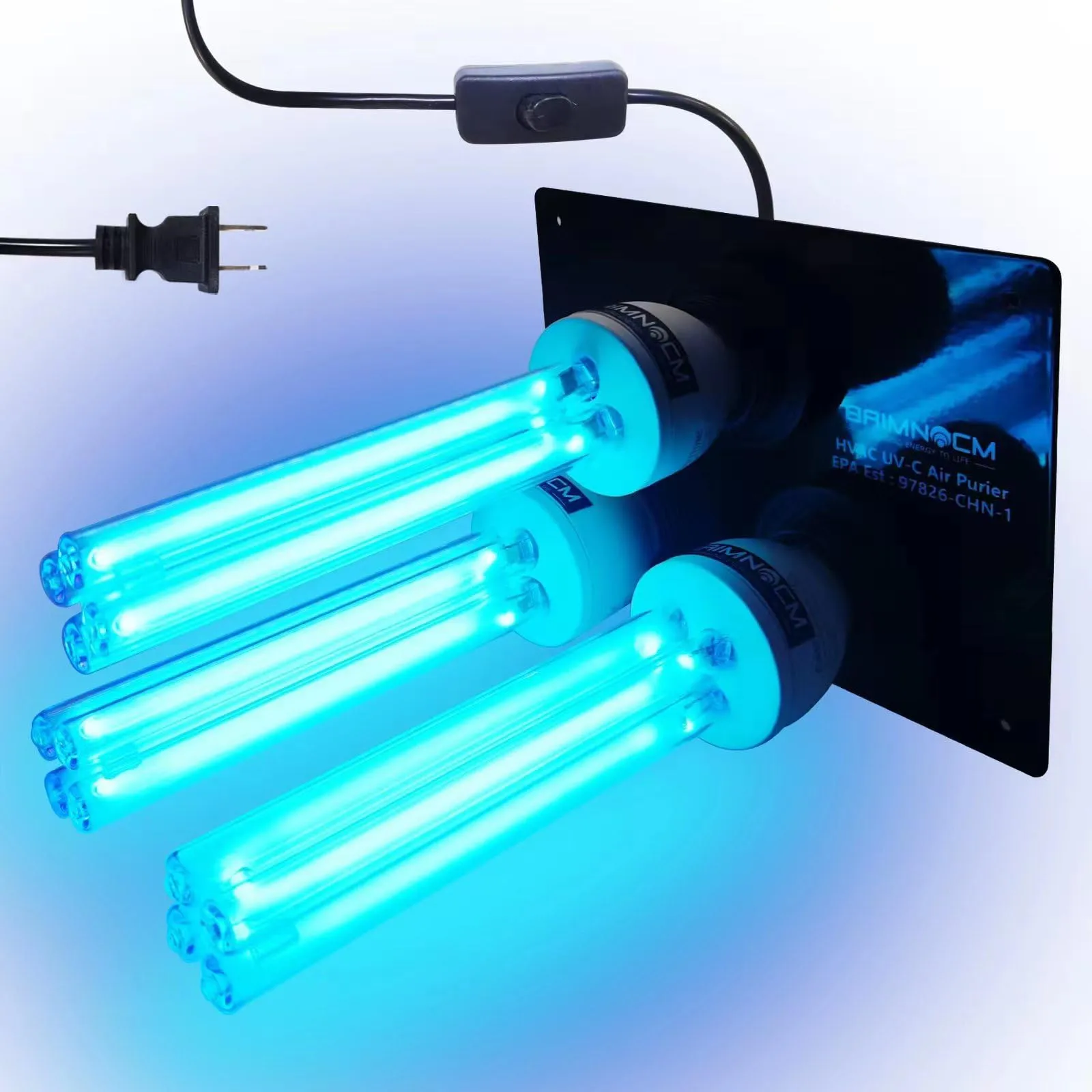 UV-C germicidal air purifier with glowing blue UV-C lights for HVAC air sterilization