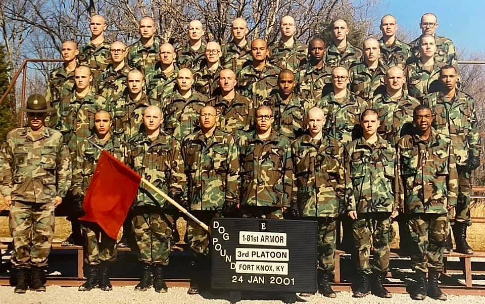 Official platoon photo of E Company 'Dog Pound', 1-81st Armor, 3rd Platoon, at Fort Knox, Kentucky, dated 24 January 2001, with drill sergeant and guidon