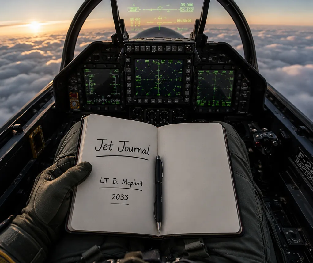 Illustration: The Jet Journal notebook on a fighter pilot's kneeboard in an F-22 cockpit above the clouds at sunset