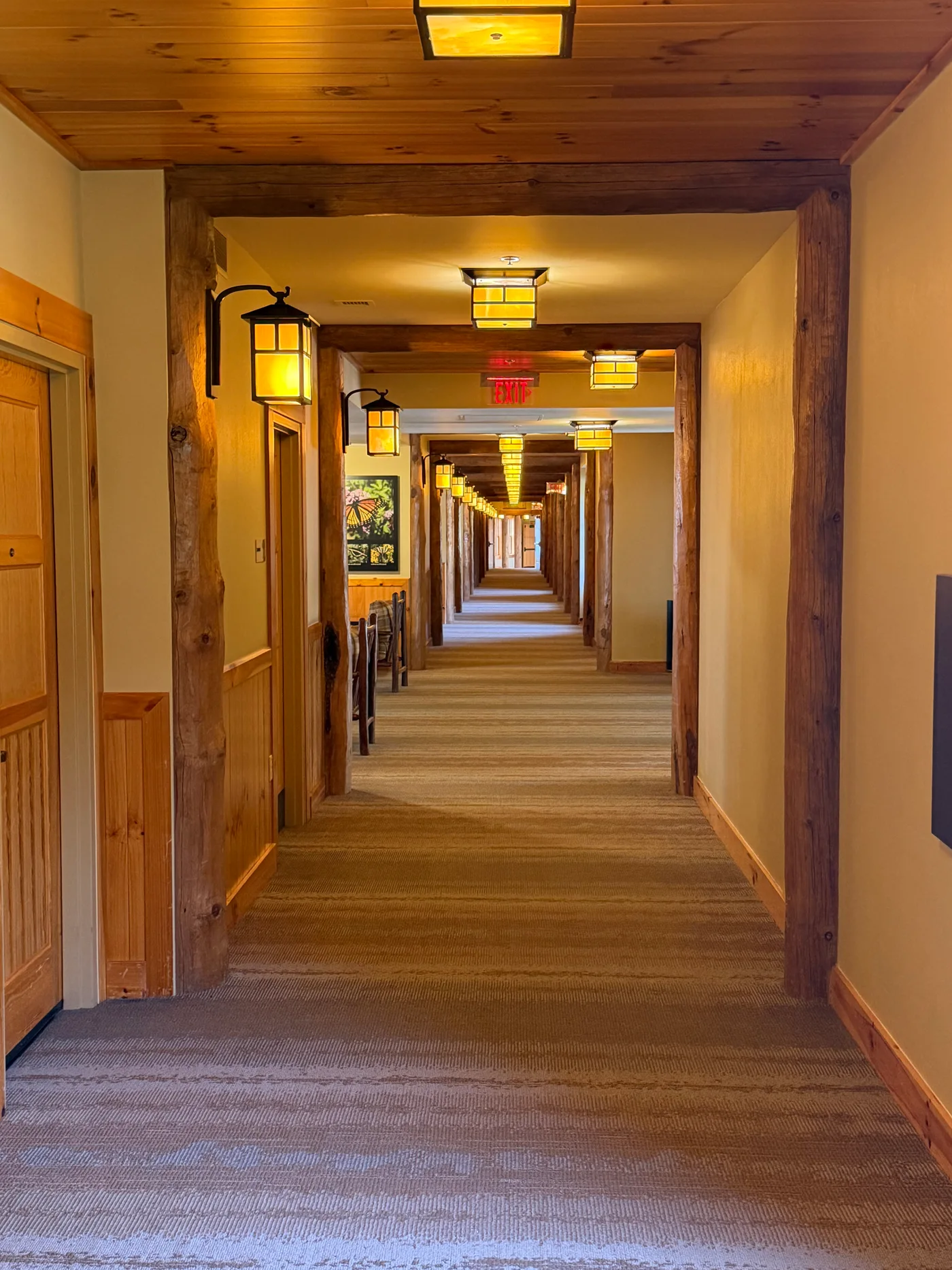 The timber-and-lantern interior hallway of the Lodge at Mount Magazine State Park in Arkansas
