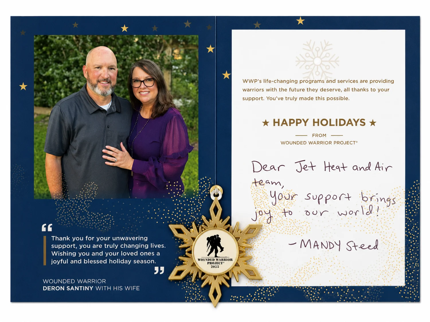 Wounded Warrior Project thank-you card addressed to the Jet Heat and Air team